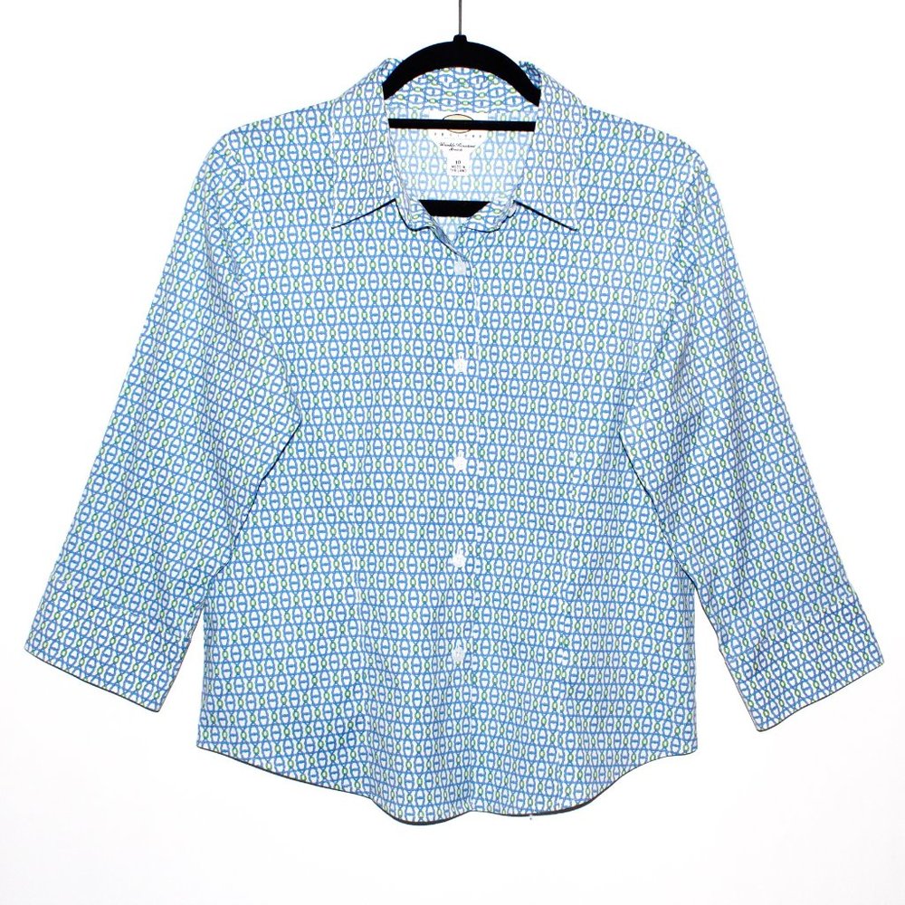 Talbots Blue, Green and White Pattern Button-Up Shirt